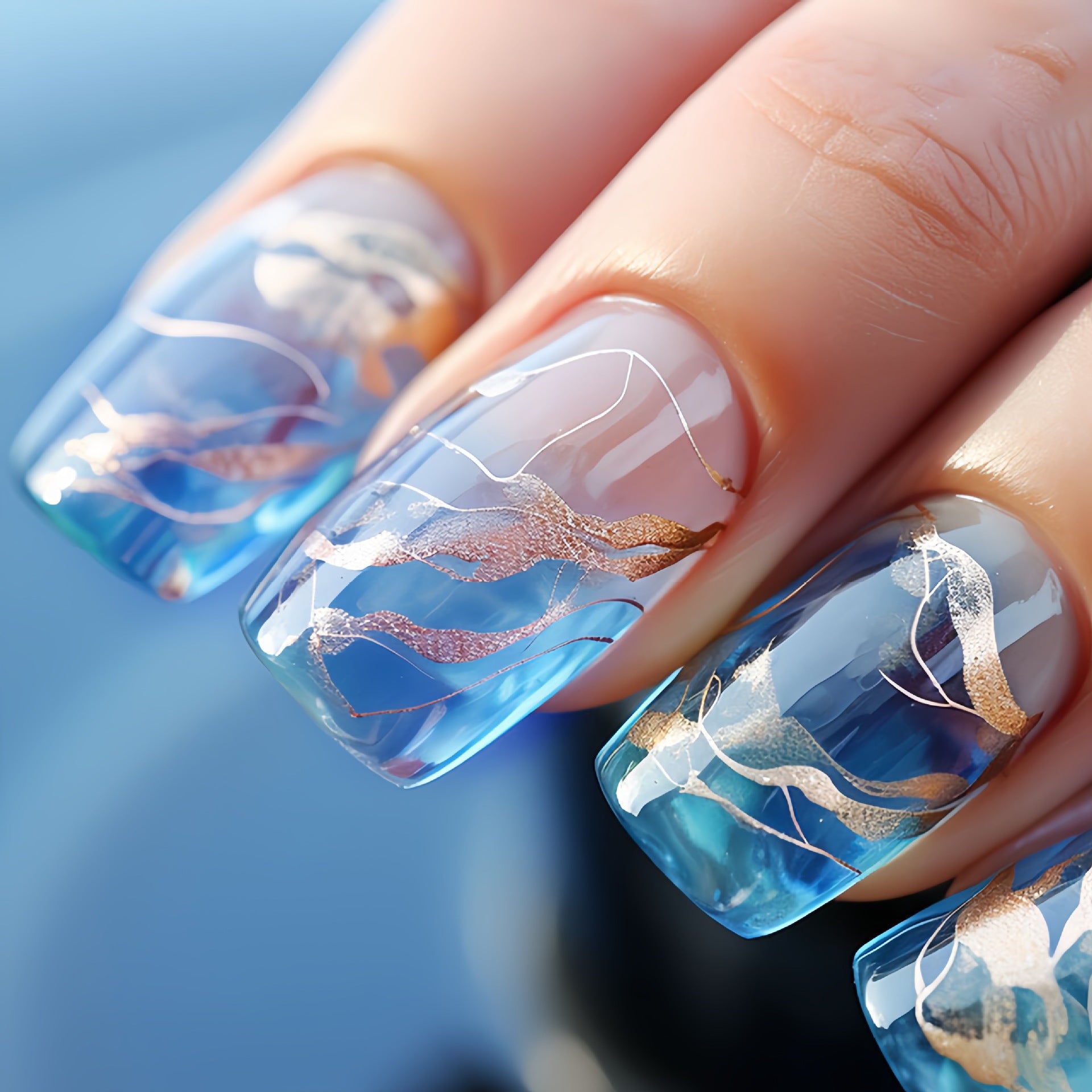 96PCS (4 PACK) Short Press on Nails Square False Nails Medium Length Acrylic Nails Gold Lines Fake Nails Glitter Ombre Glue on Nails Blue to Transparent Gradient Stick on Nails Full Cover Nails for Women